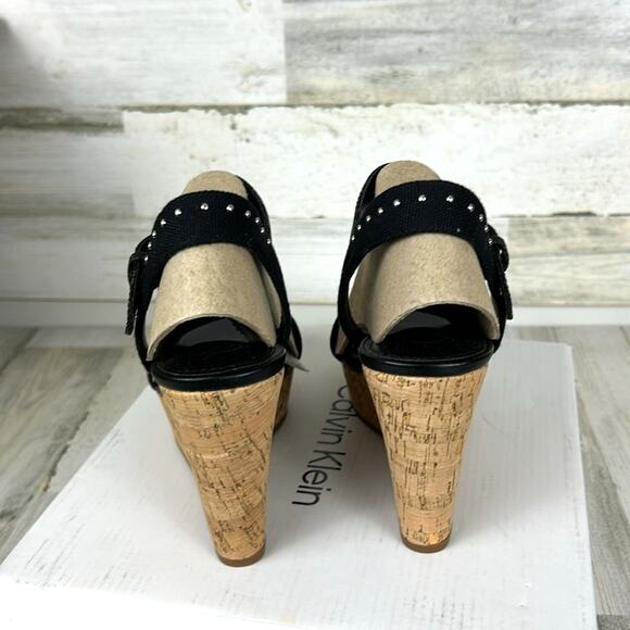 Calvin Klein Karmona Women’s 6.5 Black Logo faux Leather Wedge Strappy Sandals - Picture 5 of 8